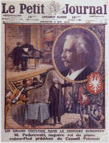 Le Petit Journal, supplment illustr du dimanche 4 mai 1919 : "Un grand virtuose dans le concert europen M. Paderewski, nagure roi du piano aujourd'hui prsident du Conseil Polonais".